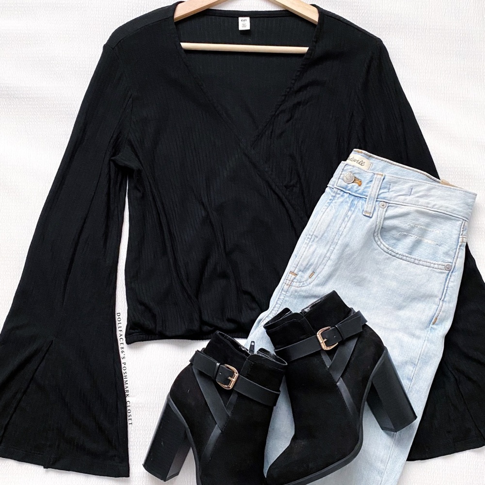 BP Black Ribbed Flared Parted Sleeve Surplice Top